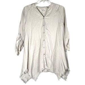 Hester & Orchard Beige Woven Tencel Tab Sleeve Fringed Sharkbite Tunic Top M